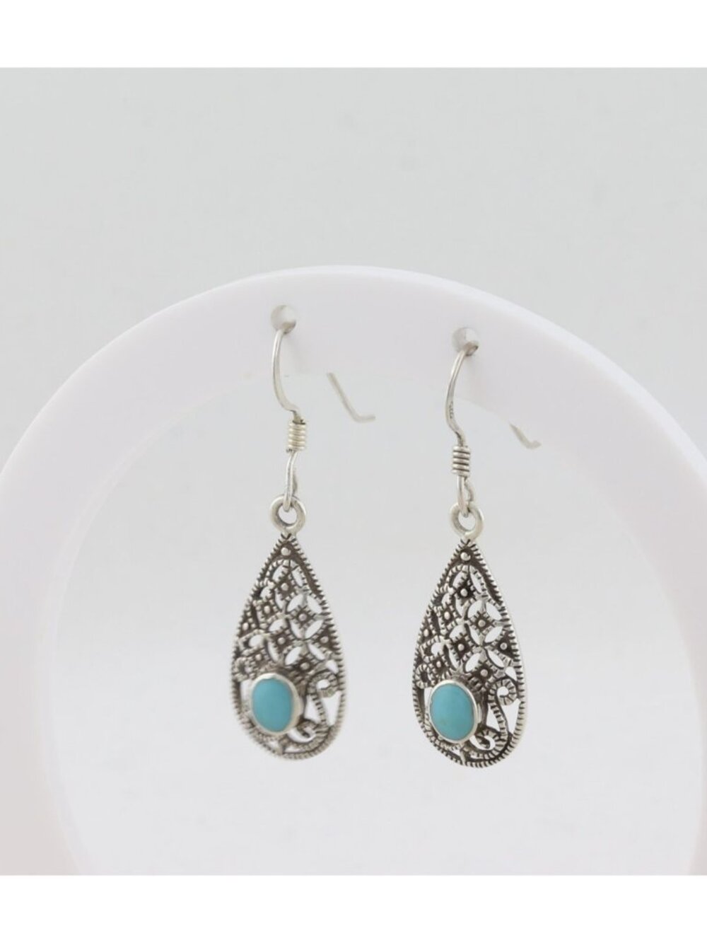 Sterling Silver Turquoise Earrings Dangle Drop 1 3/8" x 3/8" - Picture 5 of 7